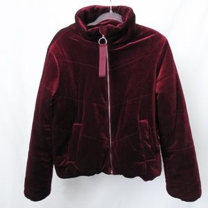 Stylish Red Velvet Cropped Puffer Jacket Zipped in Red Wine Size-M